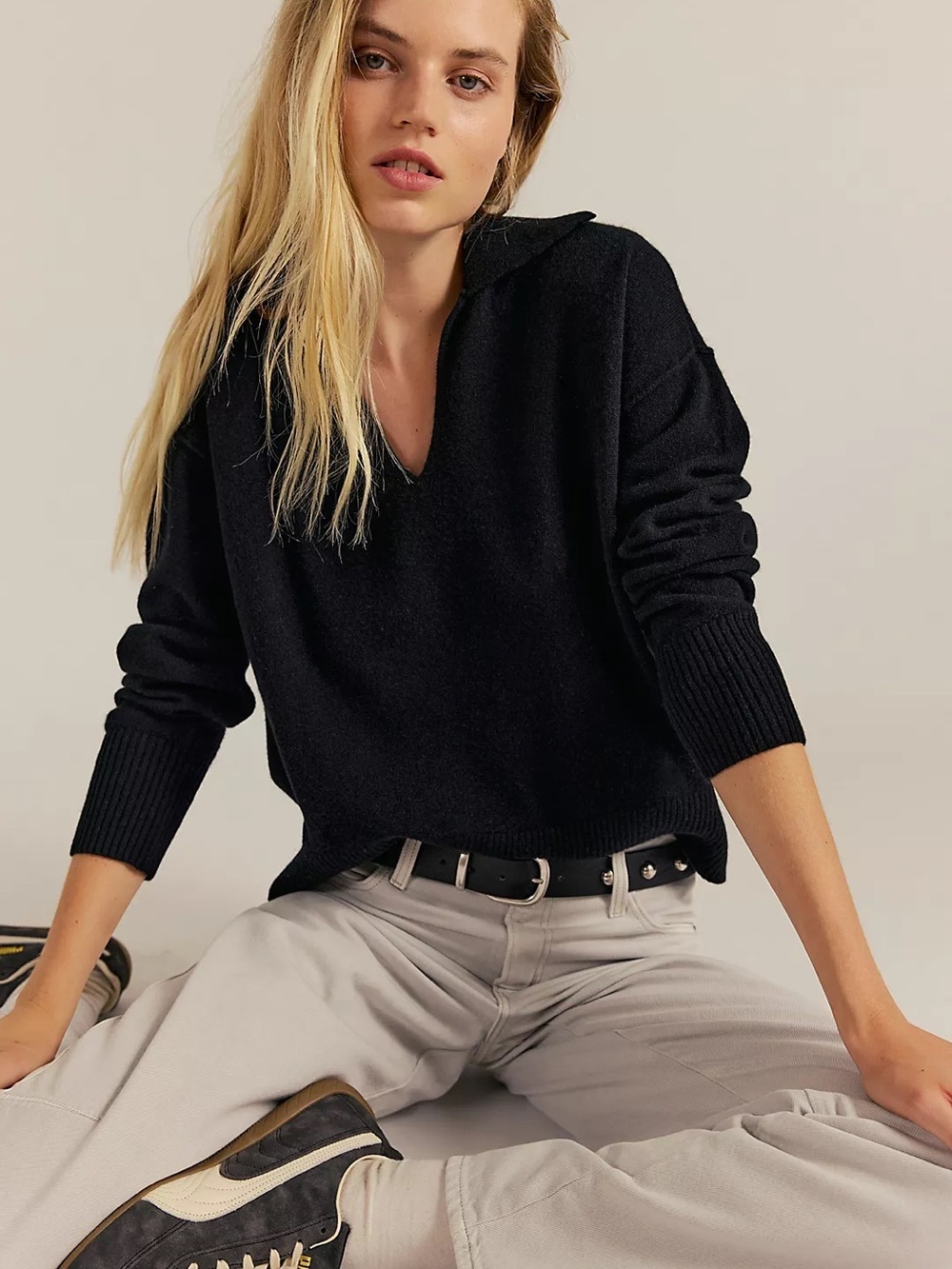 Free People Black Eloura Cashmere Henley Sweater